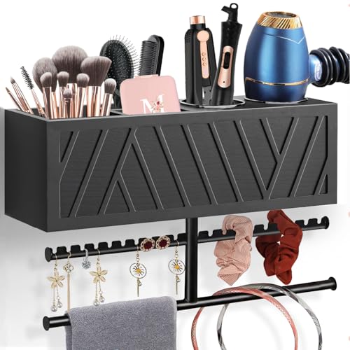 Rustic Hair Dryer Holder Wall Mounted,Hair Styling Tools & Accessories Organizer,Bathroom Supplies & hot Tools vanities Organizer Caddy,for Storage Flat Iron,Blow Dryer,Curling Iron,Towel - color: Black.A