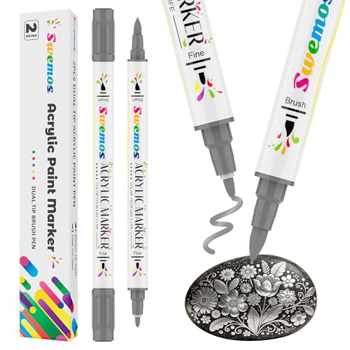 Swemos 2Pcs Silver Acrylic Paint Pens Markers, Dual Tip with Fine Tip and Brush Tip Pens Acrylic Paint Markers Waterproof Acrylic Markers Set for Rock, Canvas Stone, Wood, Glass, Metal (SILVER, 2) - style: SILVER