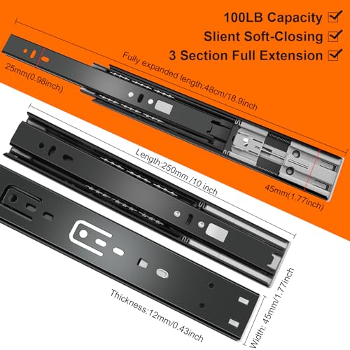 10 inch Drawer Slides 6 Pairs (12pcs) Soft Close 3 fold Full Extension Side Mount Cabinet Drawer Glides 10" Black Cabinet Rails for Dresser, Cabinet, Kitchen 100 LB Capacity - size: 10 Inch