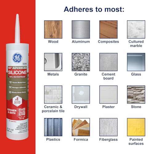 GE Advanced Silicone Caulk for Kitchen & Bathroom, Clear, 10 fl oz Cartridge, 1 Pack - 100% Waterproof Silicone Sealant, 5X Stronger Adhesion, Shrink & Crack Proof - color: Clear, size: Pack of 1