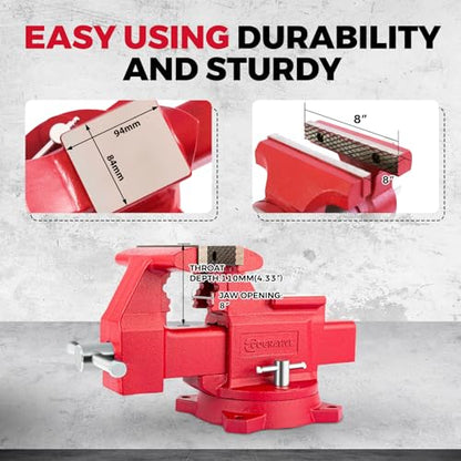 8" Heavy-Duty Bench Vise Ductile Iron Bench Vise with Strong 9900lbs Clamping Force 360° Swivel Bench Vice with Anvil, Red - size: 8 inch