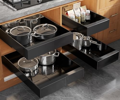 Seinloes 4 Pack Expandable (9"-14") Pull Out Cabinet Organizer 21" Deep With Raising Pad for Framed Cabinets,Upgrade 3 Slide Rails Slide Out Drawers,No Drill Roll Out Shelves Adhesive,Black - color: Black, size: 21"D x 9"-14"W(4Pack)