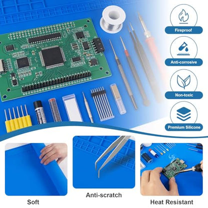 Silicone Soldering Mat, 13.8" x 23.7" Heat Resistant Workbench Pad for Soldering Station, 932°F Non-Magnetic Repair Mat with 111 Grid Cells and Anti-Static Wrist Strap for Electronics