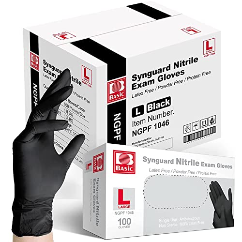 Basic Medical Black Nitrile Exam Gloves - Latex-Free & Powder-Free - NGPF 1046 (box of 100), Large - size: Large(Pack of 100)