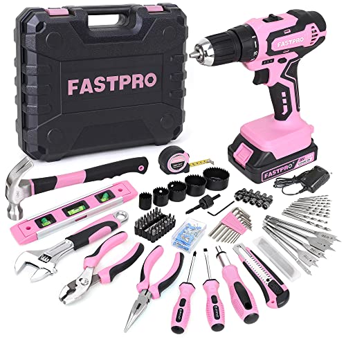 FASTPRO 177-Piece 20V Pink Cordless Lithium-ion Drill Driver and Home Tool Set, Lady's Home Repairing Tool Kit with Drill in Storage Case - color: Pink