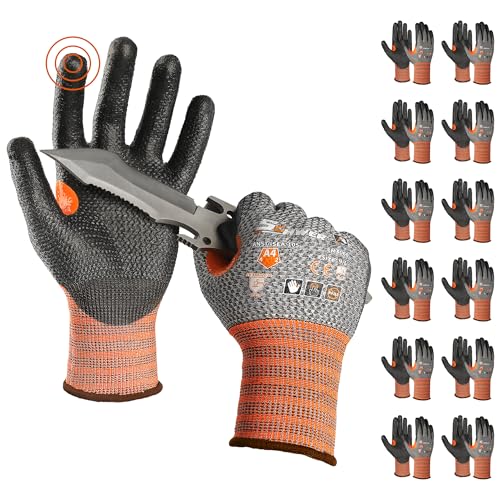 Schwer 12 Pairs Cut Resistant Work Gloves, CR3066 ANSI A4 Cut Proof Gloves with PU Coating, Touch-Screen, Non Slip, Reinforced Thumb, Wire & Fiberglass Free, Durable Working Gloves for Construction, L - size: Large