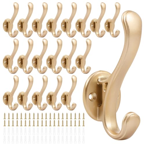 20 Pack Heavy Duty Coat Hooks Wall Mount, Brushed Gold Wall Coat Hooks, Decorative Double Hook for Hanging Coats, Hat, Scarf, Bag, Clothes, Towel, Key, Robe, Cap (Gold)