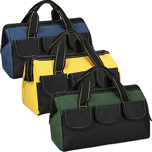 Sanwuta 3 Pack Tool Bag for Men with Waterproof Hard Bottom, Heavy Duty Tool Bag Wide Mouth Tote for Various Instrument, Electrician Carpenter Mechanic(Blue, Yellow, Army Green,13 Inch,Classic) - color: Blue, Yellow, Army Green, size: 13 Inch, style: Clas
