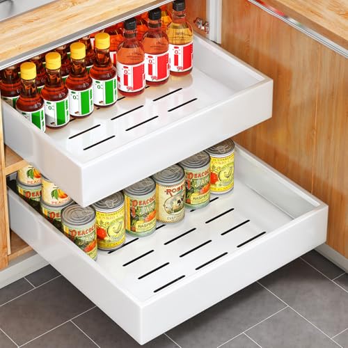 Pull Out Cabinet Organizer with Nano Adhesive, Heavy Duty Full-Extension Slide-Out Drawer for Kitchen Cabinet Organizers and Storage, No Drill Roll out Pantry Shelf, 15.8"W x 16.9"D x 3.1"H , White - color: White, size: 15.8" Wide-16.9"Deep (1Pack）