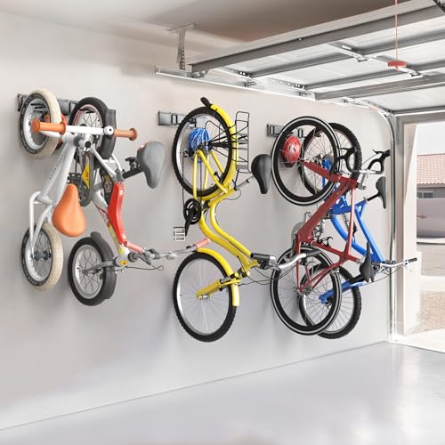 TORACK Wall Mounted Bike Storage Rack, Vertical Bikes Storage for Garage 5 Bikes Hangers for Wall, Modular Bicycle Storage Rack(3 Rails, 5 Bike Hooks, 3 Helmet Hooks)