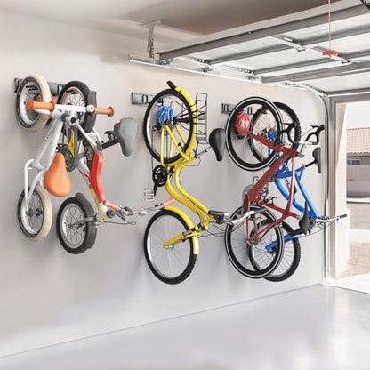 TORACK Wall Mounted Bike Storage Rack, Vertical Bikes Storage for Garage 5 Bikes Hangers for Wall, Modular Bicycle Storage Rack(3 Rails, 5 Bike Hooks, 3 Helmet Hooks)