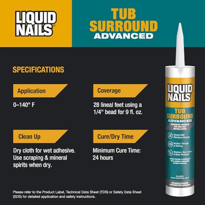 Liquid Nails 10 oz Tub Surround Interior/Exterior Advanced Construction Adhesive - size: 10 Ounce, style: Tub Surround Advanced