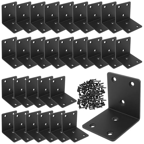 30 Pack Angle Brackets, 2" x 2" Black Heavy Duty Stainless Steel Corner Brace, L Shaped Shelf Bracket 90 Degree Corner Bracket for Wood Furniture Cabinets Shelves - size: 2"x2"(black)