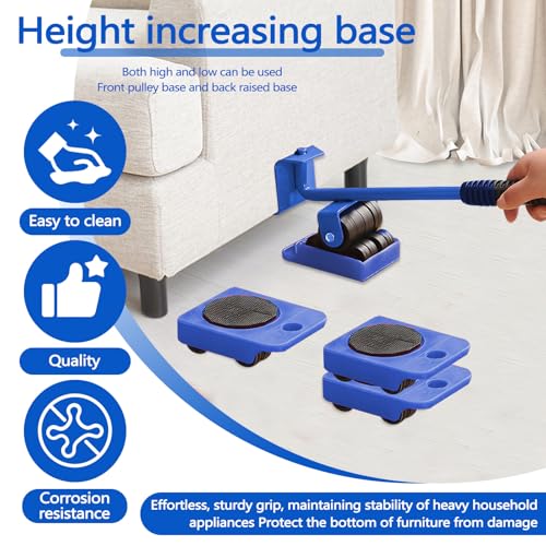 Huakaile Heavy Duty Furniture Lift Mover Tool Set, 1322 Lbs Load Capacity Furniture Lifter with Wheels Pallet, Adjustable Appliance Rollers Dolly for Table Refrigerator Floors Cabinet (Blue)