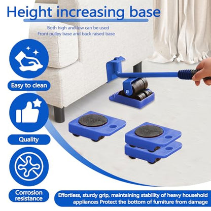 Huakaile Heavy Duty Furniture Lift Mover Tool Set, 1322 Lbs Load Capacity Furniture Lifter with Wheels Pallet, Adjustable Appliance Rollers Dolly for Table Refrigerator Floors Cabinet (Blue)