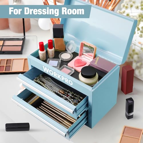WORKPRO Mini Metal Tool Box with 2 Drawers and Top Storage, Small Tool Chest with PVC Liners and PP Feet Pads, Cold Rolled Steel Toolbox with Magnetic Tab - color: Macaron Blue