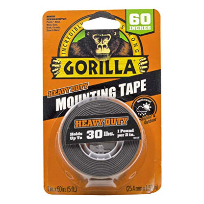 Gorilla - Heavy Duty Double Sided Mounting Tape; Weatherproof; 1" x 60"; Black; (Pack of 8) - size: 8 Pack