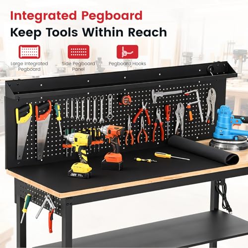 ENJOYWOOD 60'' Heavy Duty Workbench 3000 LBS Load Capacity Adjustable Height Garage Work Bench with Pegboard, Storage Shelf, Power Outlets and LED Light - size: XXXXX-Large