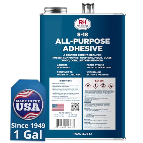 S-18 All-Purpose Adhesive, 1 Gallon - Multi-Purpose, Rubber, Metal, Leather, Felt, Wood, Neoprene, Glass, Flexible, Waterproof, Long Lasting - RH Adhesives - size: 1 gallon