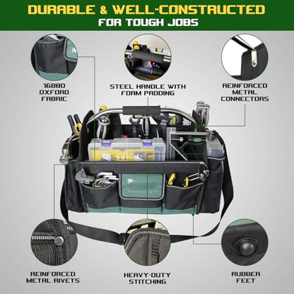 18 Inch Open Top Tool Bag, Tool Bags for Men with 30 Pockets, 1680D Waterproof Fabric, Foldable Electrician Tool Bag with Rotating Handle, Reflective Tool Organizer for Men, Green - color: Black-Green