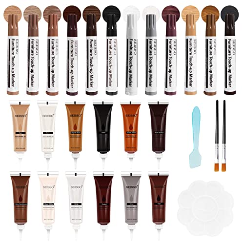 SEISSO Furniture Repair Kit, Wood Markers for Scratches, 12 Colors Furniture Touch-up Markers and Wood Fillers, New Upgrade Wood Repair Kit - Restore Wooden Table, Cabinet, Floors, Door - size: markers+fillers