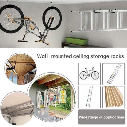 4pcs Ceiling Mounted Garage Hooks, Overhead Garage Storage Rack, Utility Ladder Hangers for Lumber Bike Tools (9.45 x 12.6 Inch)