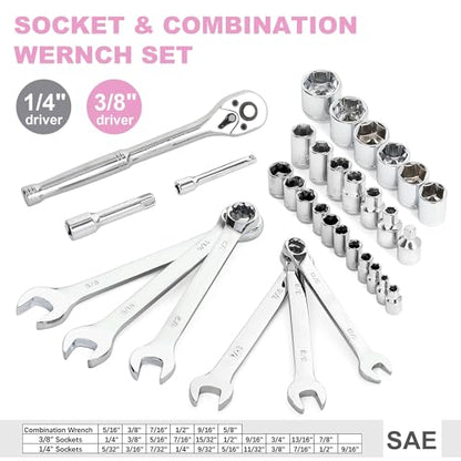 FASTPRO 198-Piece Pink Tool Set, Household Repairing Tool Set with Toolbox, SAE Mechanics Hand Tool Kit for DIY, Home Maintenance