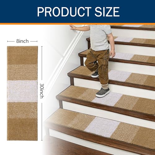 OLANLY Stair Treads Non Slip 15PCS, 8" x 30" Indoor Stair Runners for Wooden Steps, Edging Stair Rugs with Reusable Peel and Stick Adhesive for Kids Elders and Pets, Camel - color: Camel