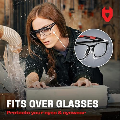 NoCry Safety Glasses Over Eyeglasses for Men and Women with Anti Scratch Lenses and Integrated Side Shields — Adjustable Temples with Anti-Slip Tips — 100% UV Protective Eyewear — ANSI Z87 (10-pack) - color: Black & Red (10 Pack)