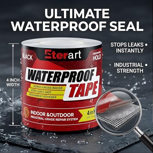 Waterproof Tape Black 4 Inch x 10 FT - Heavy Duty Rubberized Seal Repair for Active Leaks - Fix Roofs, Underwater Pool Liners & Pipes - All-Weather Emergency Patch Tool for Homeowners & Campers - color: Black