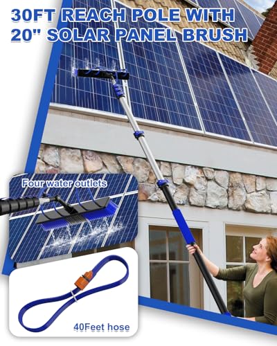 30Ft Reach Solar Panel Cleaning Brush Kit with 5-24ft Telescoping Pole, Water Fed Window Cleaner Tool with 20" Brush, Soap Dispenser, Cobweb Duster, Squeegee for Roof, CV, Gutter, Boat, Deck - color: Blue