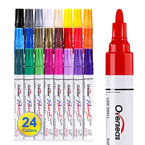 Overseas Paint Marker Pens - 24 Colors Permanent Oil Based Markers, Medium Tip, Quick Dry and Waterproof Assorted Color Paint Pen for Metal, Wood, Plastic, Stone, Mugs, Canvas, Glass, Art Craft - size: 1 Count (Pack of 24)