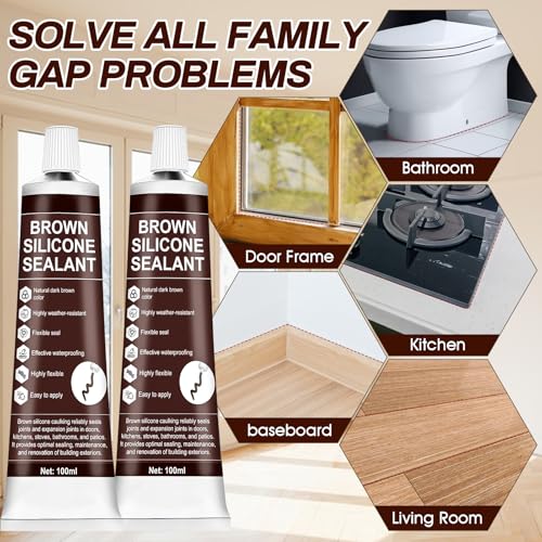 2 PCS Brown Caulk, 100% Waterproof Brown Silicone Caulk for Bathroom Shower Kitchen Tile Floor Sealing, Stronger Adhesion, Shrink & Crack Proof, with a Scraper for Applying Evenly, 100mlx2 - style: Brown