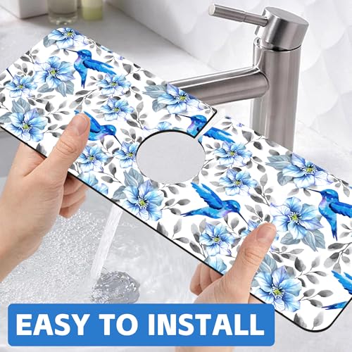 Blue Floral and Hummingbird Dish Drying Mat for Kitchen Sink Splash Guard Behind Faucet Sink Mat Absorbent Fast Drying Faucet Draining Mat for Bathroom Kitchen 5.5"×15" - size: 15" x 5.5"
