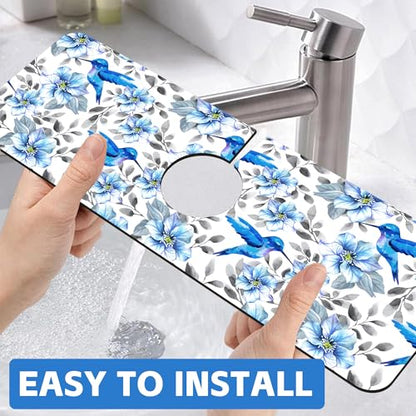 Blue Floral and Hummingbird Dish Drying Mat for Kitchen Sink Splash Guard Behind Faucet Sink Mat Absorbent Fast Drying Faucet Draining Mat for Bathroom Kitchen 5.5"×15" - size: 15" x 5.5"