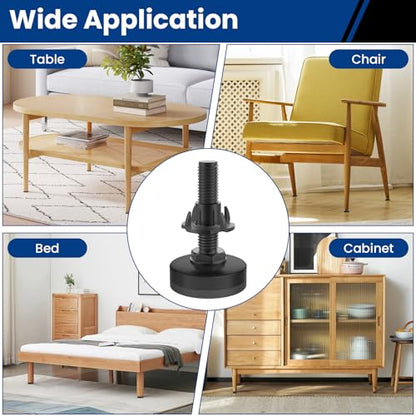 4 Pcs Adjustable Furniture Feet, 3/8" Heavy Duty Threaded Furniture Leveling Feet, Leg Levelers Screw in with Threaded Inserts for Table, Cabinets, Chair, Sofa Black
