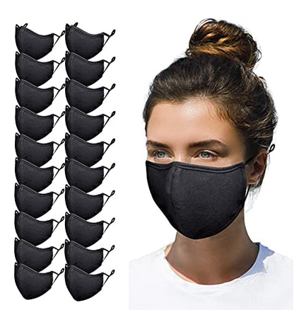 Simlu 20 Pack Premium Fabric Face Mask Reusable with Adjustable Elastic, 2 Layer,Cotton, Breathable, Nose Wire Black Cloth face Mask Washable Fits Men Women and Kids Made In USA… - color: 20 Pack