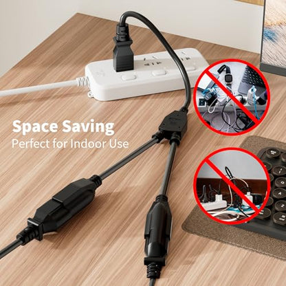 Elecan 3-Prong Y Splitter Power Extension Cord 1 FT, Straight Plug 1 to 2 Way Outlet Space Saver, Heavy Duty Weatherproof SJTW, 16AWG 13A, 5-15P Cable Extender for Indoor Outdoor-UL - size: 1ft-1pack, style: Straight Plug
