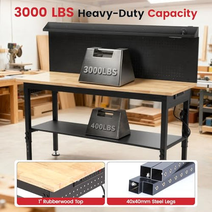 ENJOYWOOD 60'' Heavy Duty Workbench 3000 LBS Load Capacity Adjustable Height Garage Work Bench with Pegboard, Storage Shelf, Power Outlets and LED Light - size: XXXXX-Large