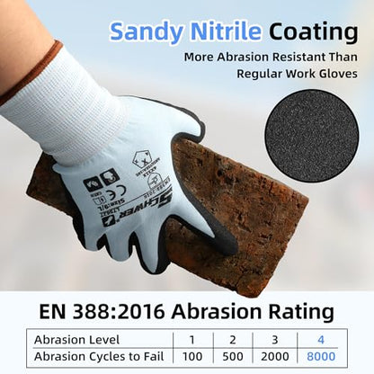 Schwer 6 Pairs Safety Work Gloves with Sandy Nitrile Coating, Extreme Fiber-Abrasion Resistance(Level 6-Certified) Heavy Duty Working Glove with Grip for Men Women, A2 Cut Glove, for Construction, S - size: Small