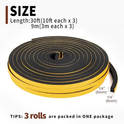 Yotache 3 Strips Foam Weather Stripping 1/4" W X 1/4" T, New Adhesive Craft, Insulation Soundproofing Strips Tape Gasket Seal for Door Frame and Window, Sliding Door Jamb, Total 30 Ft (3 X 10 Ft Each) - size: 1/4"x1/4"x30 Ft