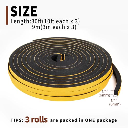 Yotache 3 Strips Foam Weather Stripping 1/4" W X 1/4" T, New Adhesive Craft, Insulation Soundproofing Strips Tape Gasket Seal for Door Frame and Window, Sliding Door Jamb, Total 30 Ft (3 X 10 Ft Each) - size: 1/4"x1/4"x30 FT