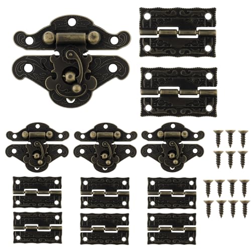 Retro Jewelry Box Hinges and Latches Hook, 4Pcs Antique Hasp Latch and 8Pcs Vintage Bronze Hinge with Matching Screws Kit for Decorative Cabinet Small Wooden Box Project