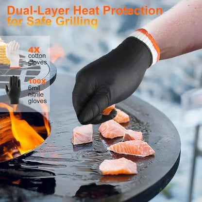 ANBOSON BBQ Gloves for Cooking Baking Grilling, 100 Count Disposable Black Nitrile Gloves and 4 Count Cotton Glove Liners Washable (6mil Nitrile, Large) - size: Large, style: 6mil Nitrile