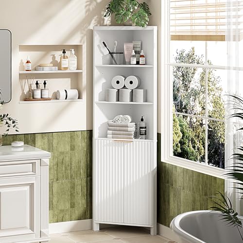 VINGLI Tall Corner Cabinet with Fluted Doors, 68" White Corner Storage Cabinet with Adjustable Shelves, Freestanding Wood Corner Bookshelf for Bathroom, Living Room & Kitchen, Space-Saving - color: Crisp White, style: 68" Tall Fluted Corner Cabinet
