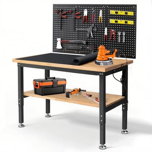 ENJOYWOOD 48" x 20" Heavy Duty Workbench Adjustable Height Garage Work Table with Solid Rubberwood Top, Double Layer Shelf, Pegboard & Power Outlets for Workshop, Home & Office - size: Small