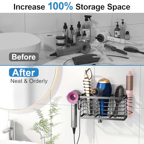 Sevenblue Hair Tool Organizer, 3-in-1 Universal Hair Dryer Holder, Adjustable Height Metal Blow Dryer Holder Wall Mounted/Over Cabinet Door/Free-Standing, 12.2 * 5 * 6.1" (XL Black) - color: XL Black