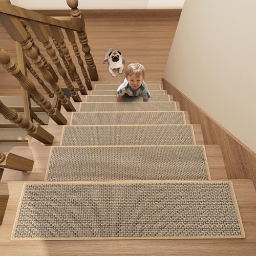 Stair Treads Carpet 4 pcs for Wooden Steps with Non Slip Rubber Backing, 100% Polyester Soft Stairs Resistant Indoor Skid Runner Safety Rugs for Kids Elders and Pets 30" * 8" (Brown) - color: Brown, size: 30" x 8" (Oblong)