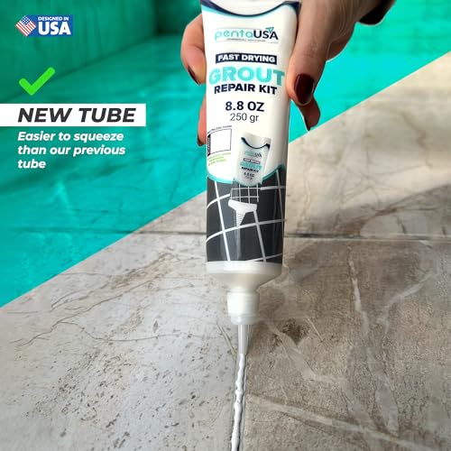 PentaUSA Tile Grout Repair Kit with Removal Tool - Premixed Acrylic Sanded Grout Filler for Bathroom, Shower, and Kitchen, Includes Applicator Spatula, and Sponge - White (8.8oz / 250g) - style: White