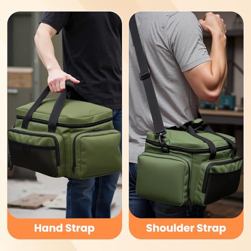 VJI Heavy Duty Tool Bag with Multi-Pockets, Portable Storage Bag with Large Zipper, Carrying Toolbag with Adjustable Shoulder Strap and Ergonomic Handle, Repairman, Carpenters, Handyman, Green - color: Green